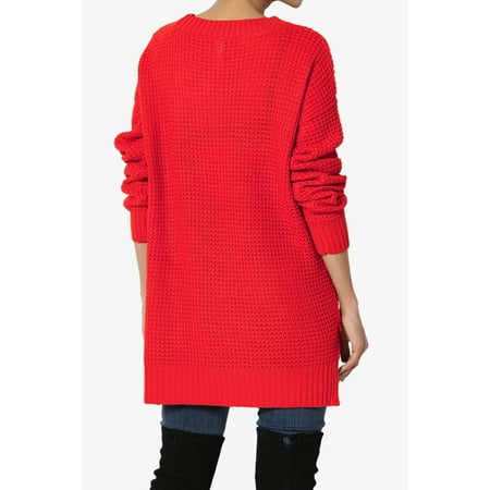 TheMogan S~3X Rib Slit Hem Long Sleeve Round Neck Pullover Waffle Knit Sweater